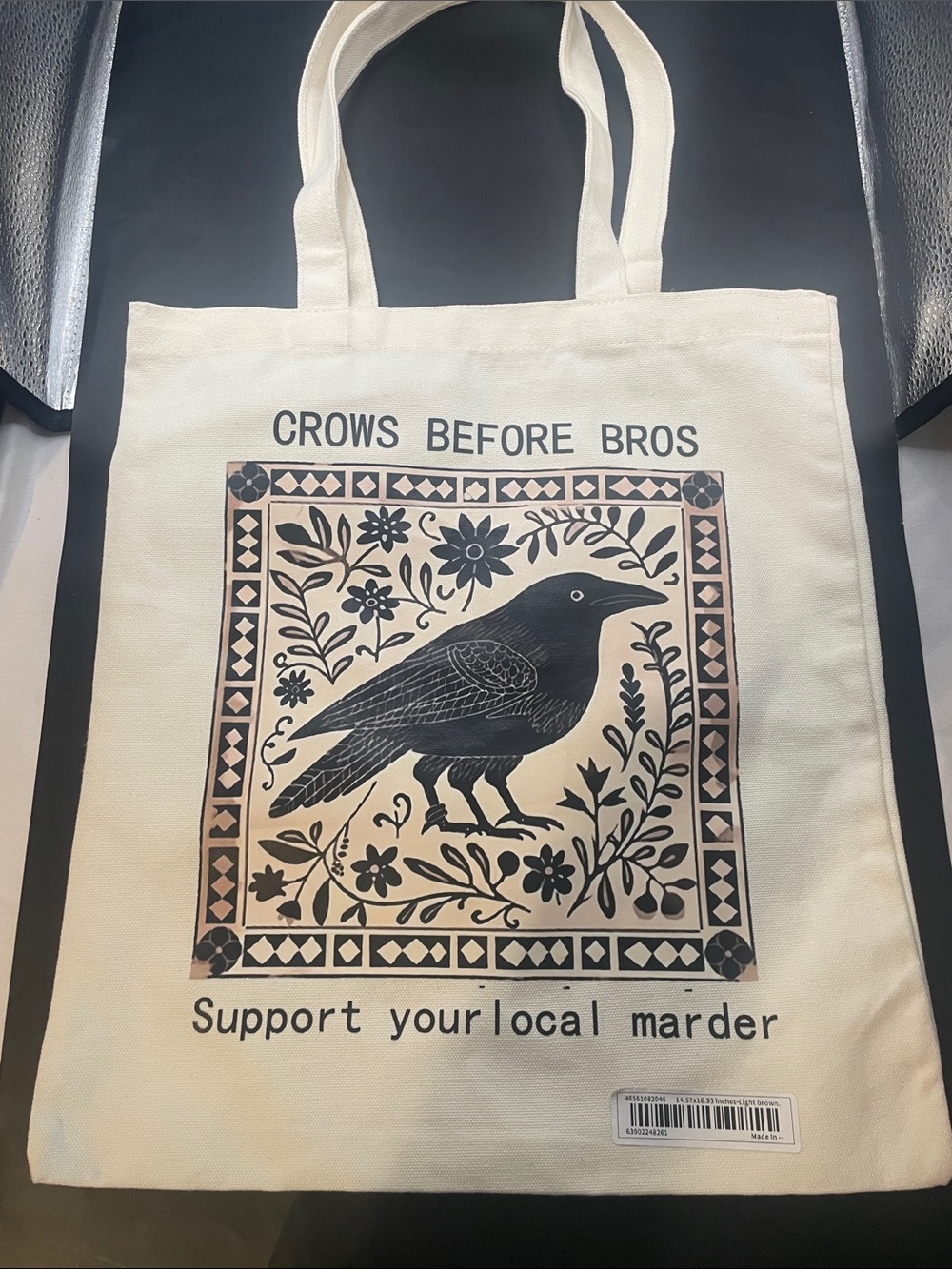 Canvas Tote Bag with Crow Graphic - Cream 000898